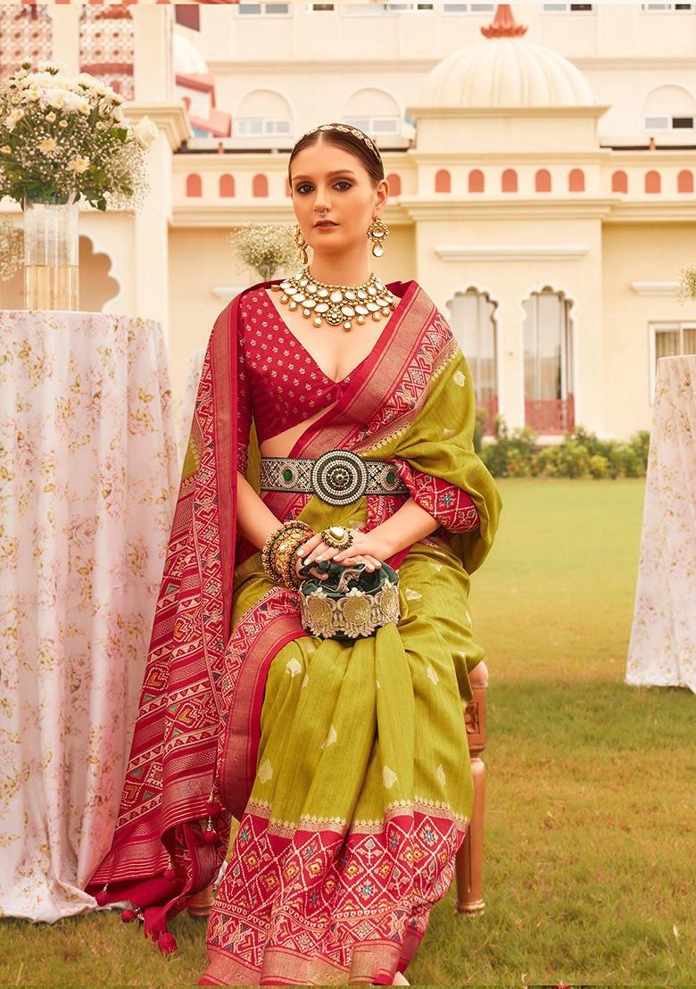 Olive Green Embroidered Poly Blend Sarees
