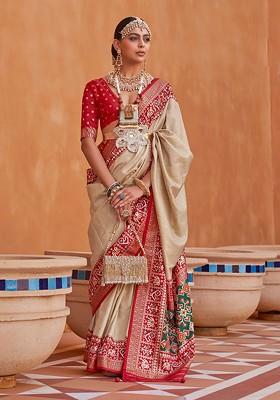 Beige Embroidered Poly Blend Sarees