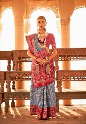 Grey Embroidered Poly Blend Sarees