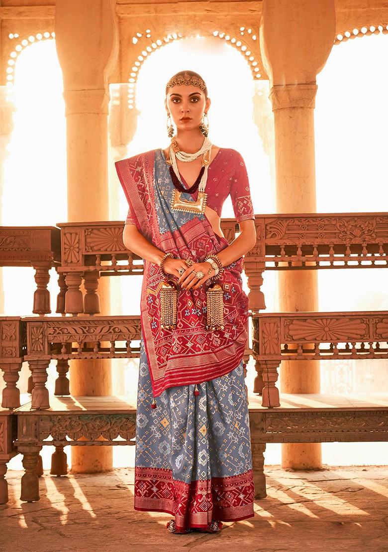 Grey Embroidered Poly Blend Sarees