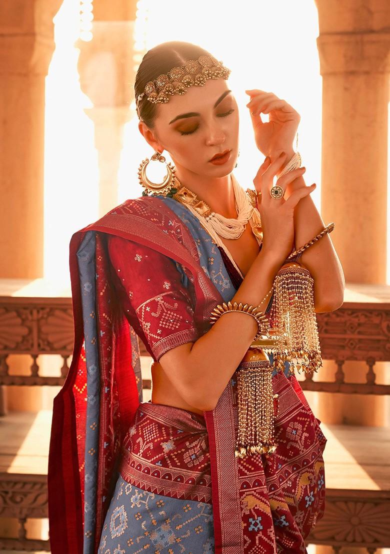 Grey Embroidered Poly Blend Sarees