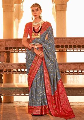 Grey Embroidered Poly Blend Sarees