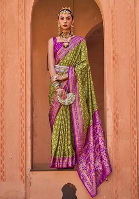 Olive Green Embroidered Poly Blend Sarees