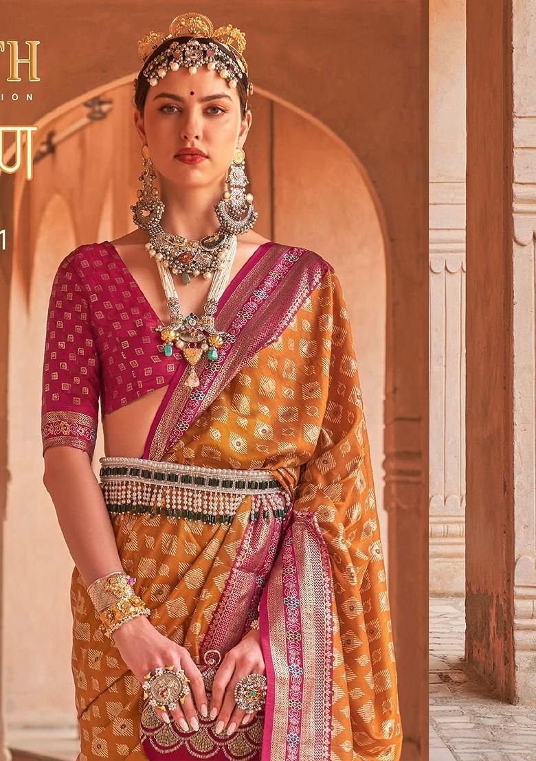 Orange Embroidered Poly Blend Sarees