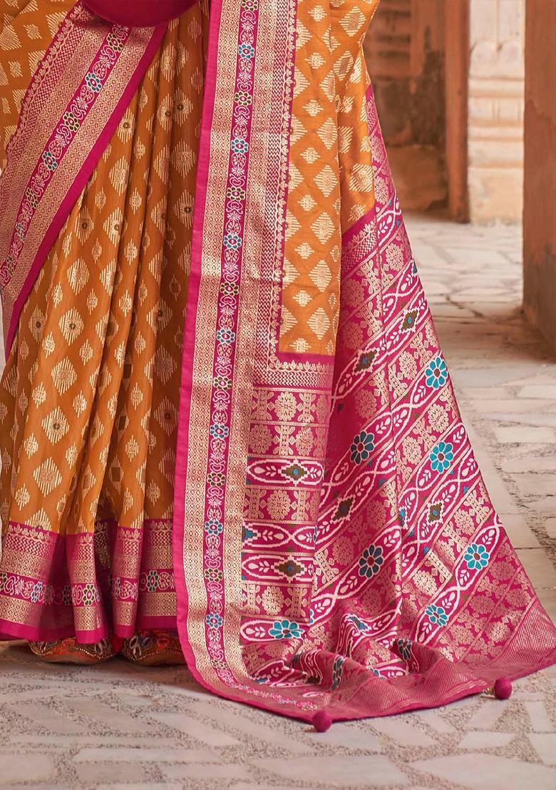 Orange Embroidered Poly Blend Sarees