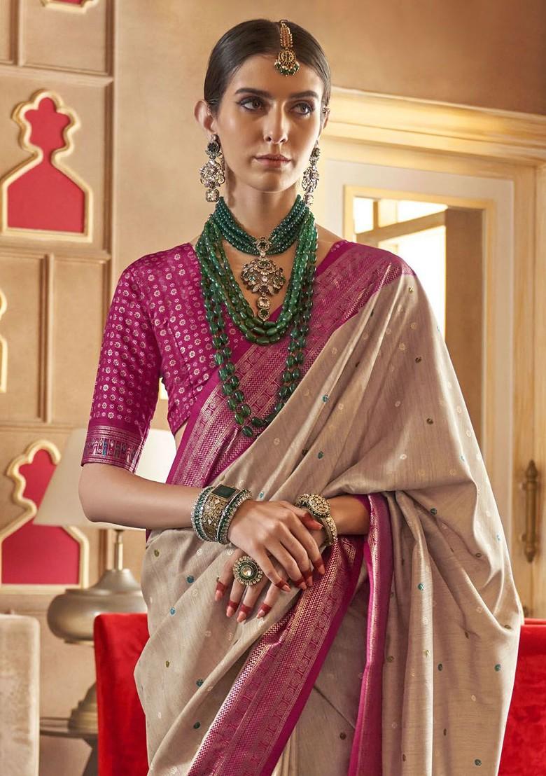 Beige Embroidered Poly Blend Sarees