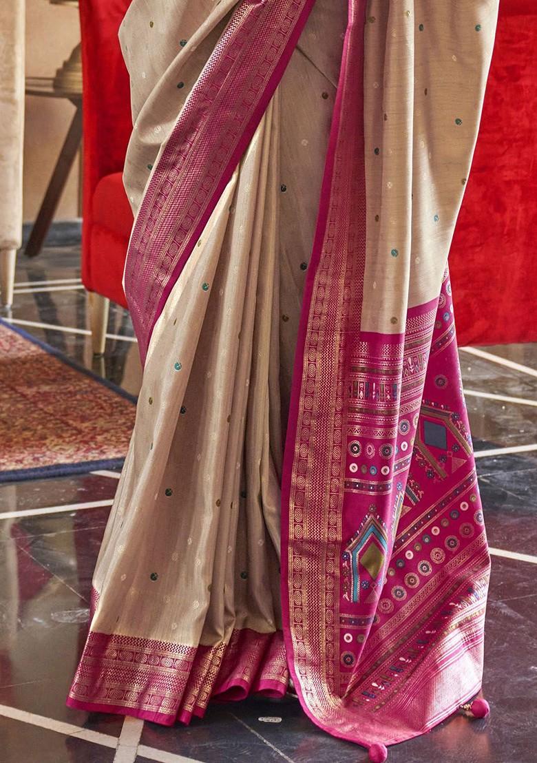 Beige Embroidered Poly Blend Sarees