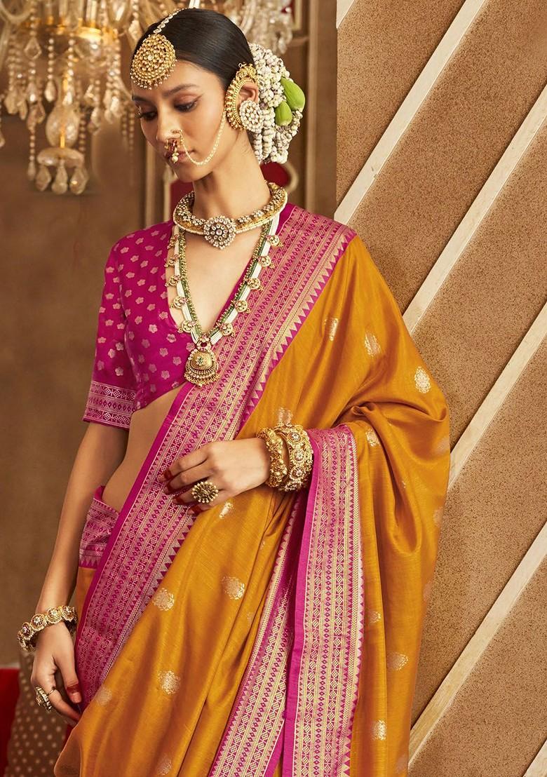 Yellow Embroidered Poly Blend Sarees