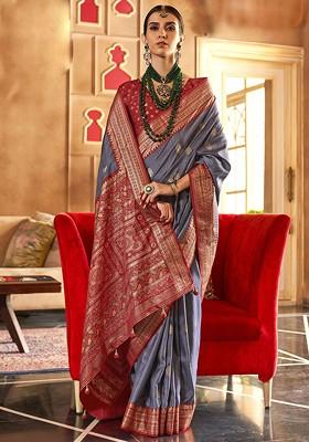 Grey Embroidered Poly Blend Sarees