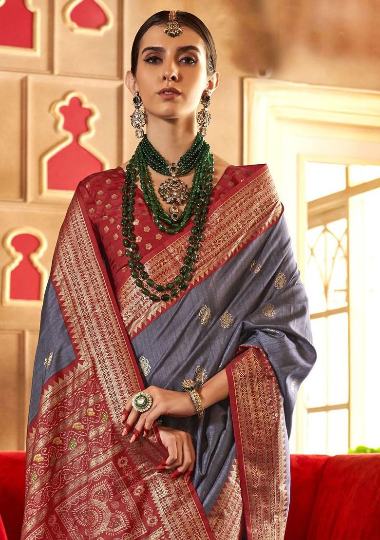 Grey Embroidered Poly Blend Sarees