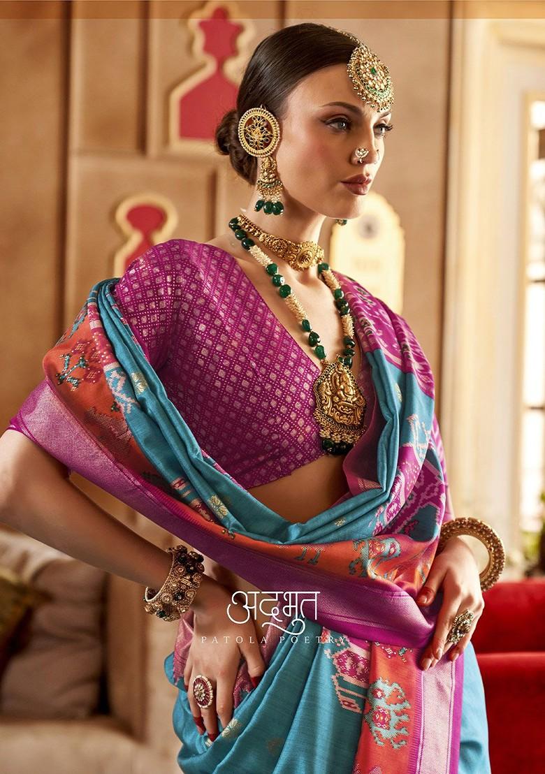 Blue Embroidered Poly Blend Sarees