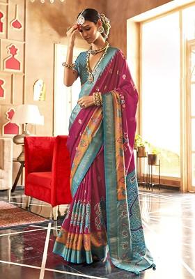 Pink Embroidered Poly Blend Sarees
