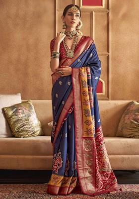 Blue Embroidered Poly Blend Sarees