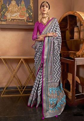 Grey Embroidered Poly Blend Sarees
