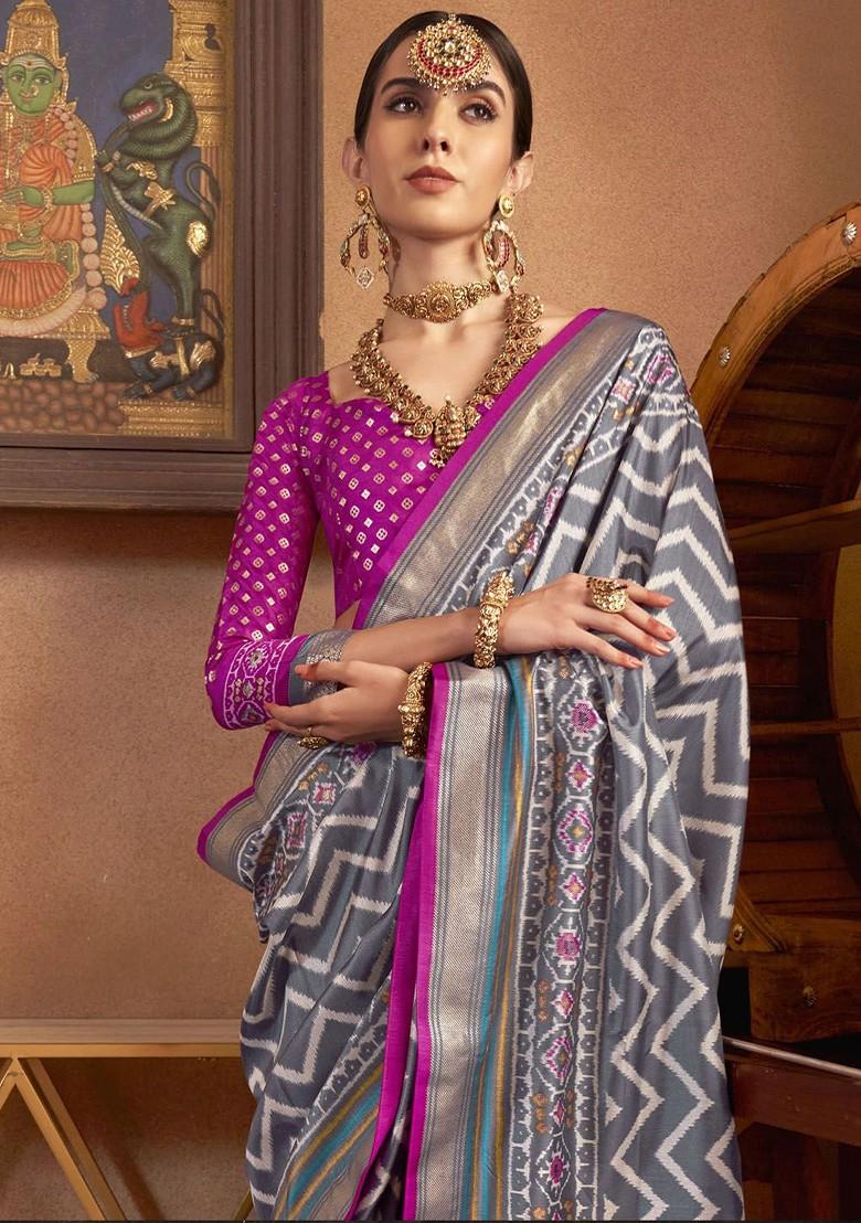 Grey Embroidered Poly Blend Sarees