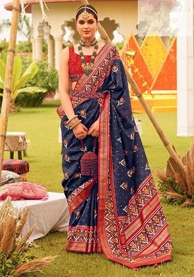 Blue Embroidered Poly Blend Sarees