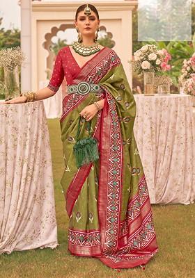 Olive Green Embroidered Poly Blend Sarees