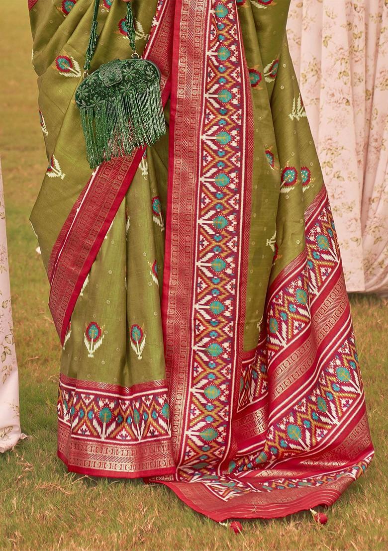 Olive Green Embroidered Poly Blend Sarees