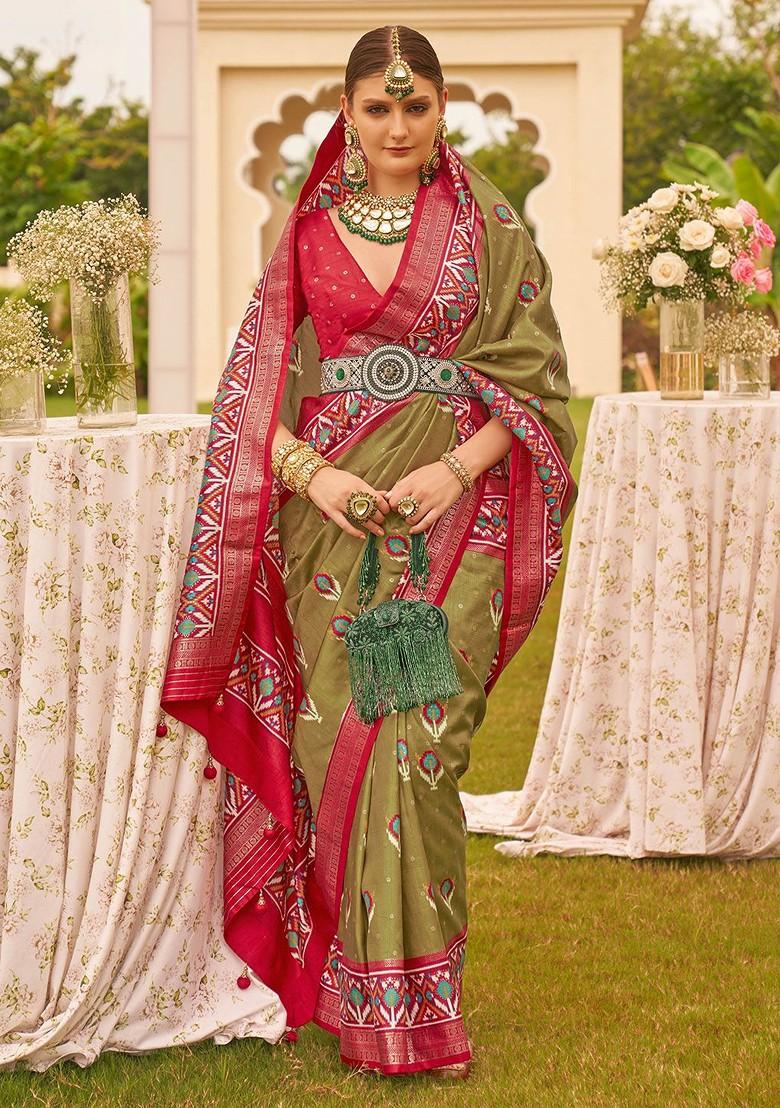Olive Green Embroidered Poly Blend Sarees
