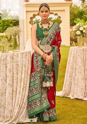 Red Embroidered Poly Blend Sarees