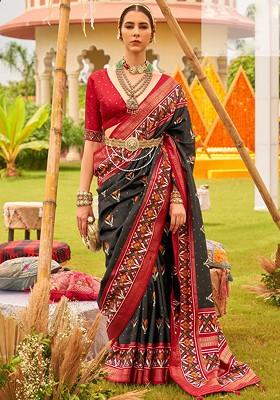 Black Embroidered Poly Blend Sarees