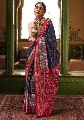Blue Embroidered Poly Blend Sarees