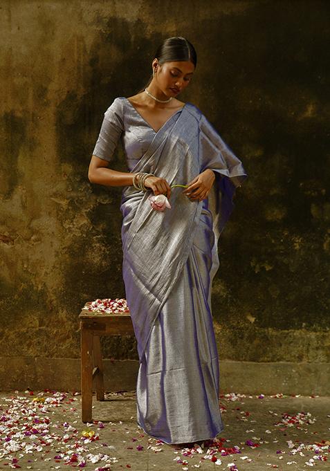Blue Solid Tissue Saree