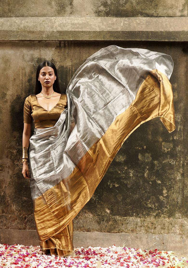 Silver Solid Cotton Saree