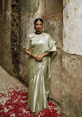 Green Solid Tissue Saree