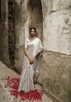 White Solid Tissue Saree