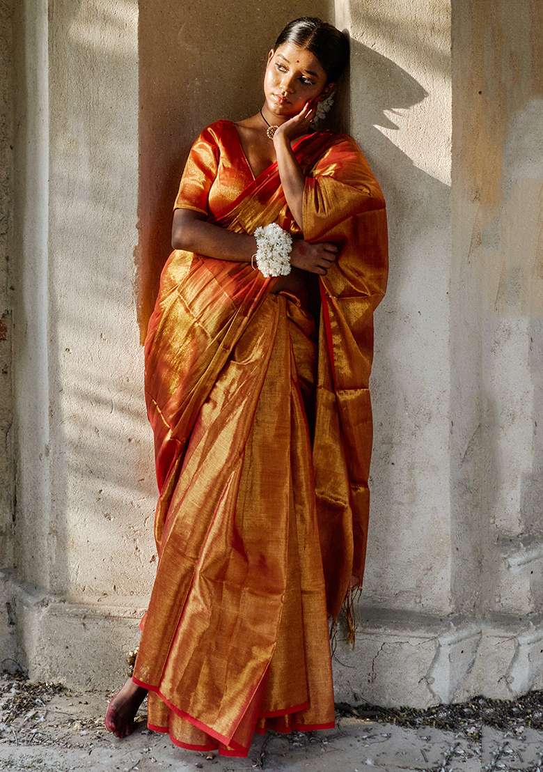 Red Solid Tissue Saree for Diwali and Festive Wear - Indya