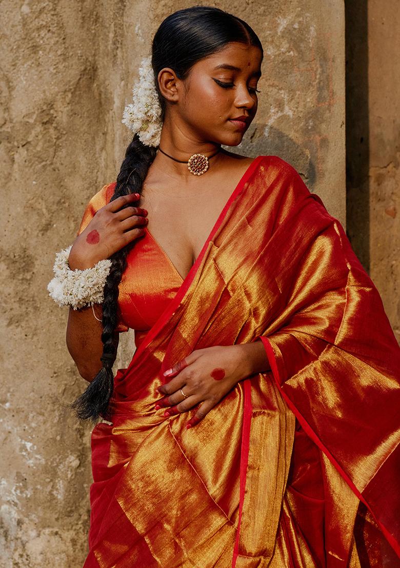 Red Solid Cotton Saree