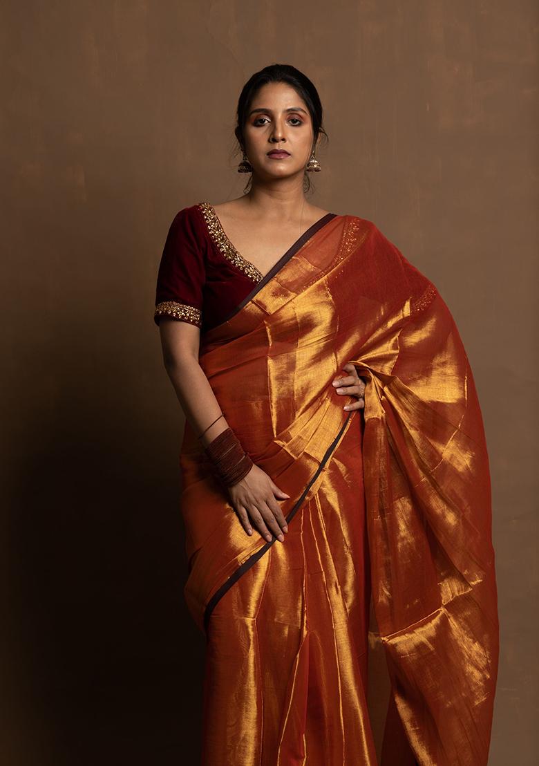 Rust Brown Solid Cotton Saree