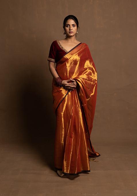 Rust Brown Solid Tissue Saree