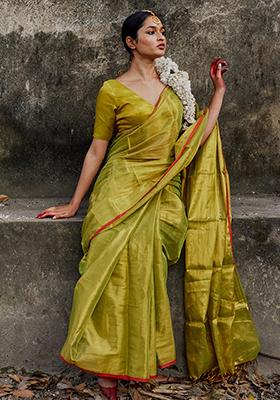 Neon Green Solid Cotton Saree