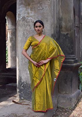 Olive Green Solid Cotton Saree