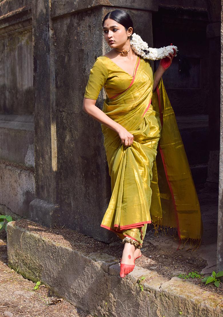 Olive Green Solid Cotton Saree