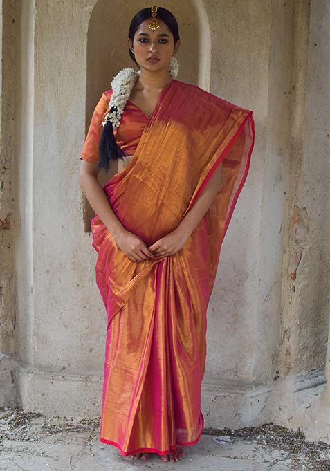 Pink Solid Tissue Saree