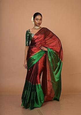 Red And Green Woven Cotton Saree