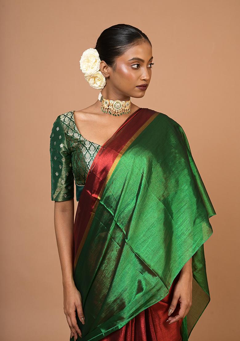Red And Green Woven Cotton Saree