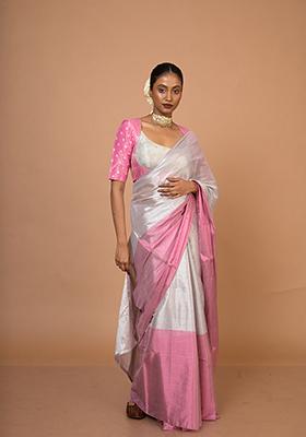 Silver And Pink Woven Cotton Saree