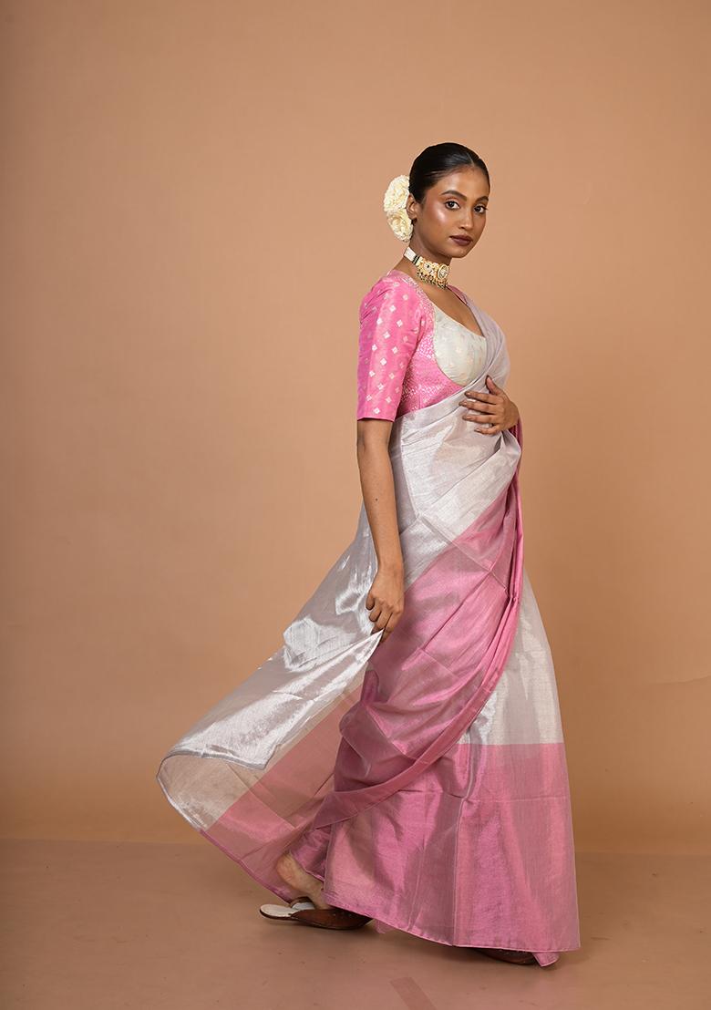 Silver And Pink Woven Cotton Saree