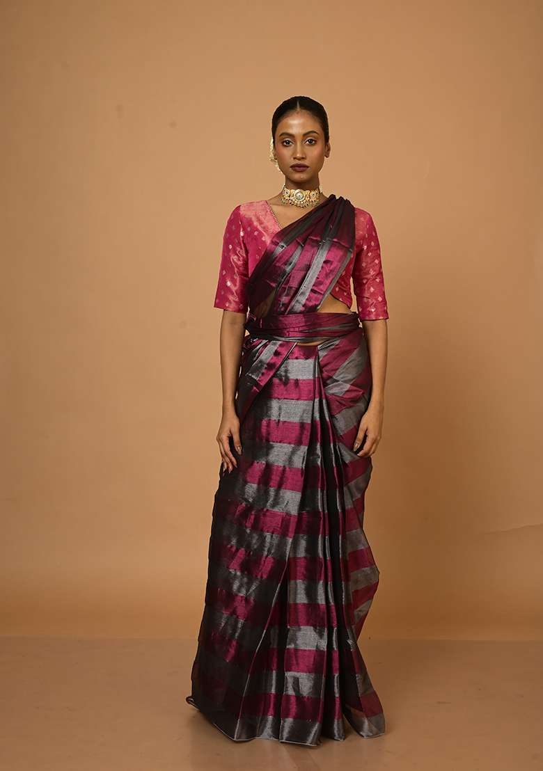 White Woven Tissue Saree for Diwali and Festive Wear - Indya
