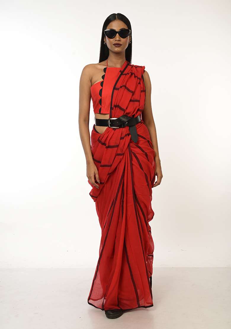 Red Woven Tissue Saree for Diwali | Wedding & Festive Wear - Indya