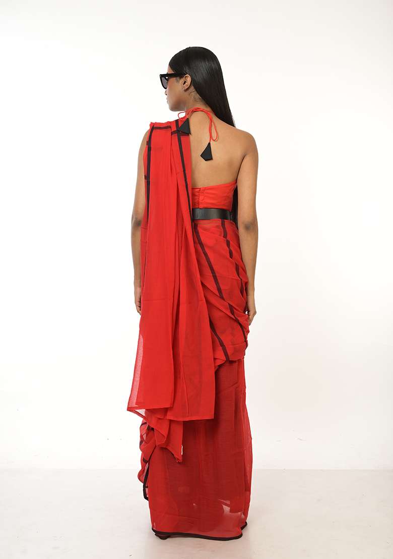 Red Woven Tissue Saree for Diwali | Wedding & Festive Wear - Indya