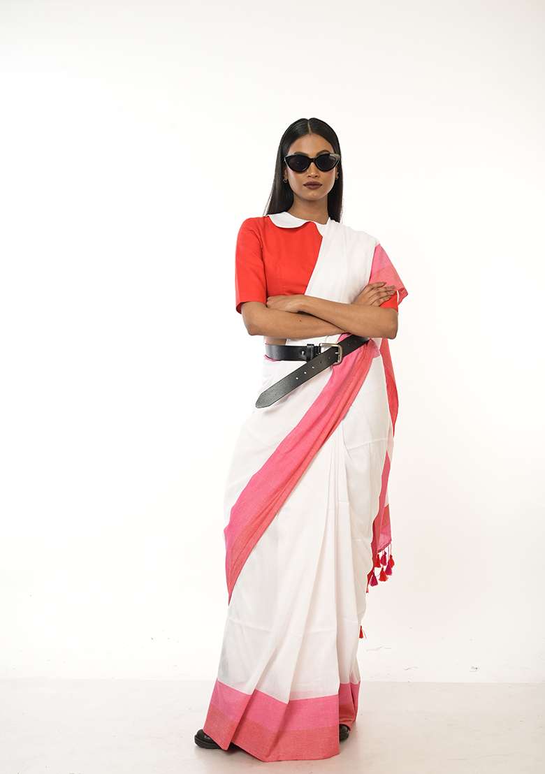 White Woven Tissue Saree for Diwali | Wedding & Festive Wear - Indya