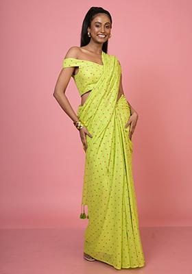 Lime Green Printed Cotton Saree