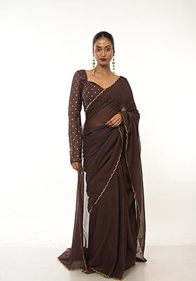 Brown Embroidered Cotton Saree