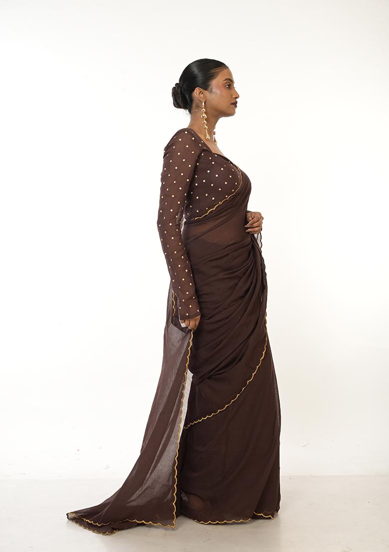 Brown Embroidered Cotton Saree