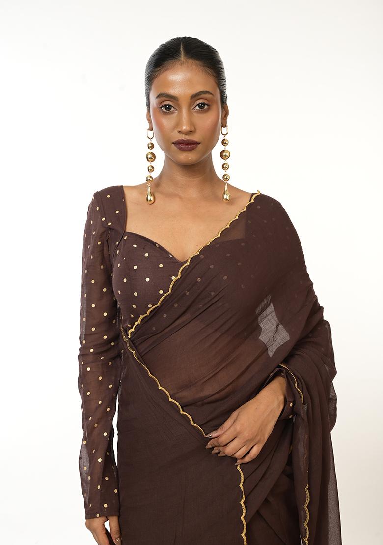 Brown Embroidered Cotton Saree